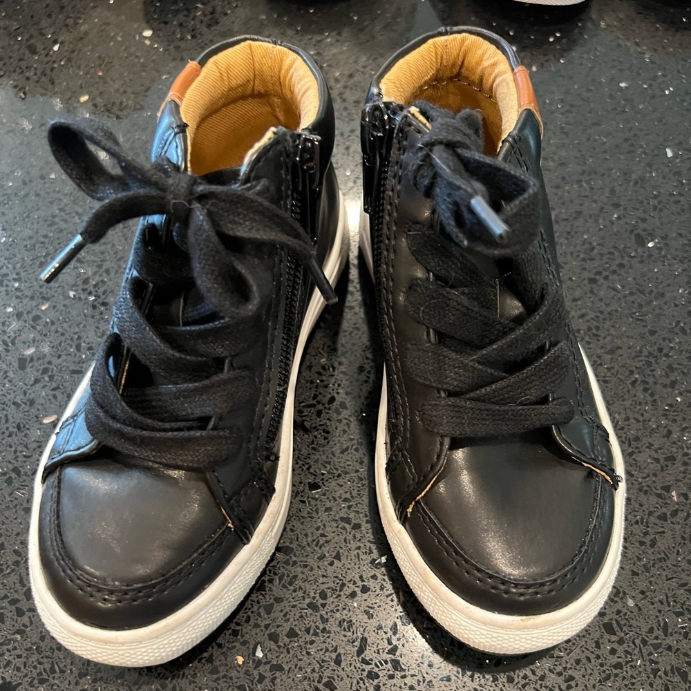 Boys black leather and tan high top sneaker with zipper